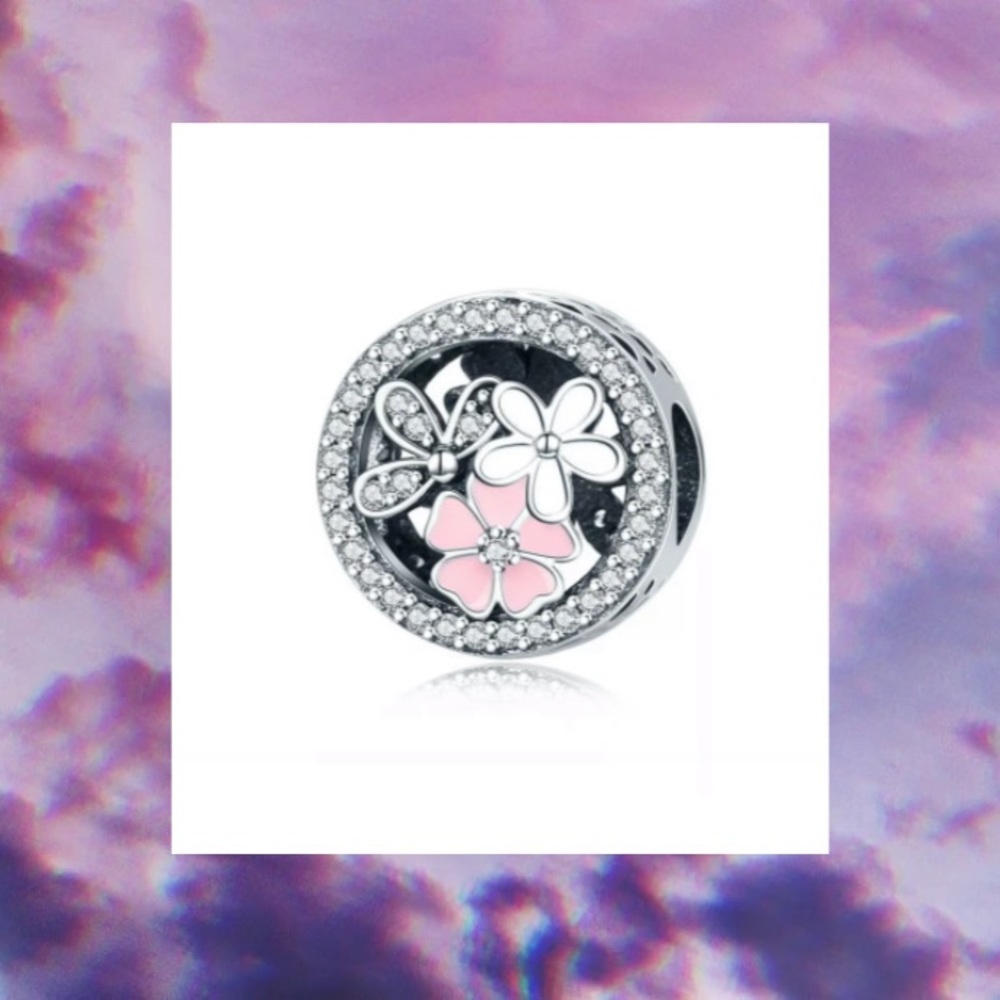 Pink And White Flowers Silver Spacer  Bead